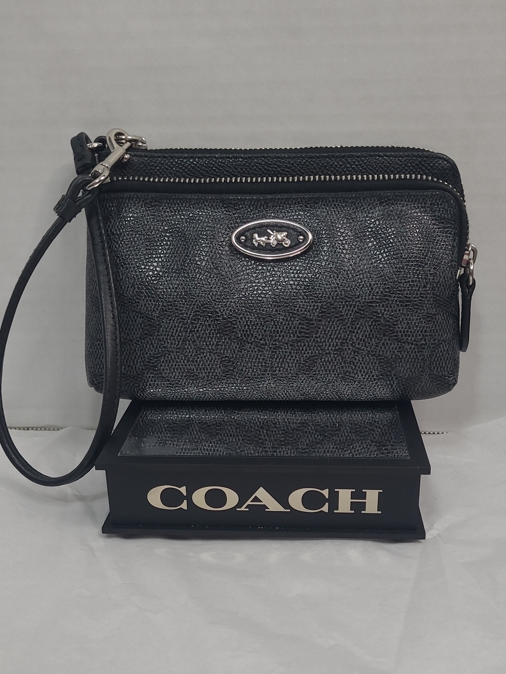Coach Gray Signature Mini Wristlet with Silver Hardware
